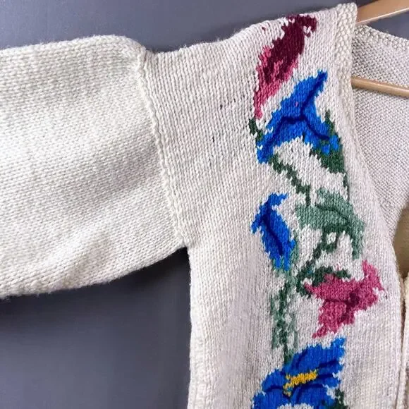 Vintage Cottagecore Hand Knit Crochet Granny Sweater Flower Pearl Buttons L XL - Picture 4 of 16